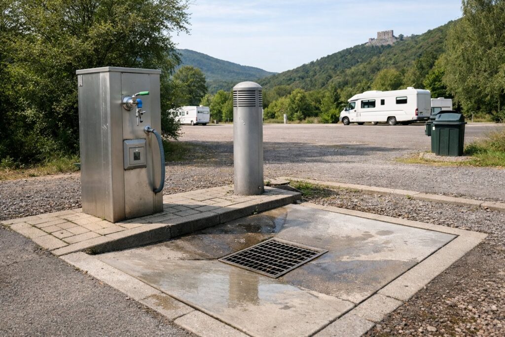 Ver- und Entsorgungsstation mit Wasserhahn und Abfluss auf einem Parkplatz