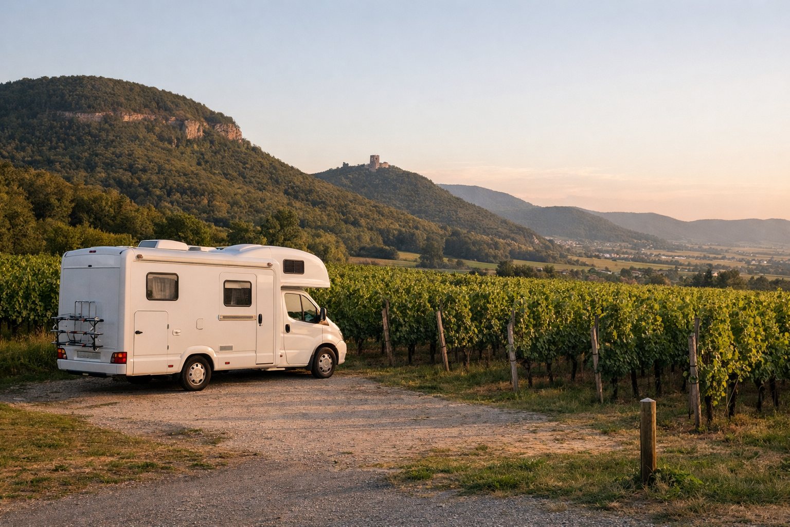Wohnmobil ohne Logo auf einem Stellplatz am Rand eines Weinbergs im Abendlicht