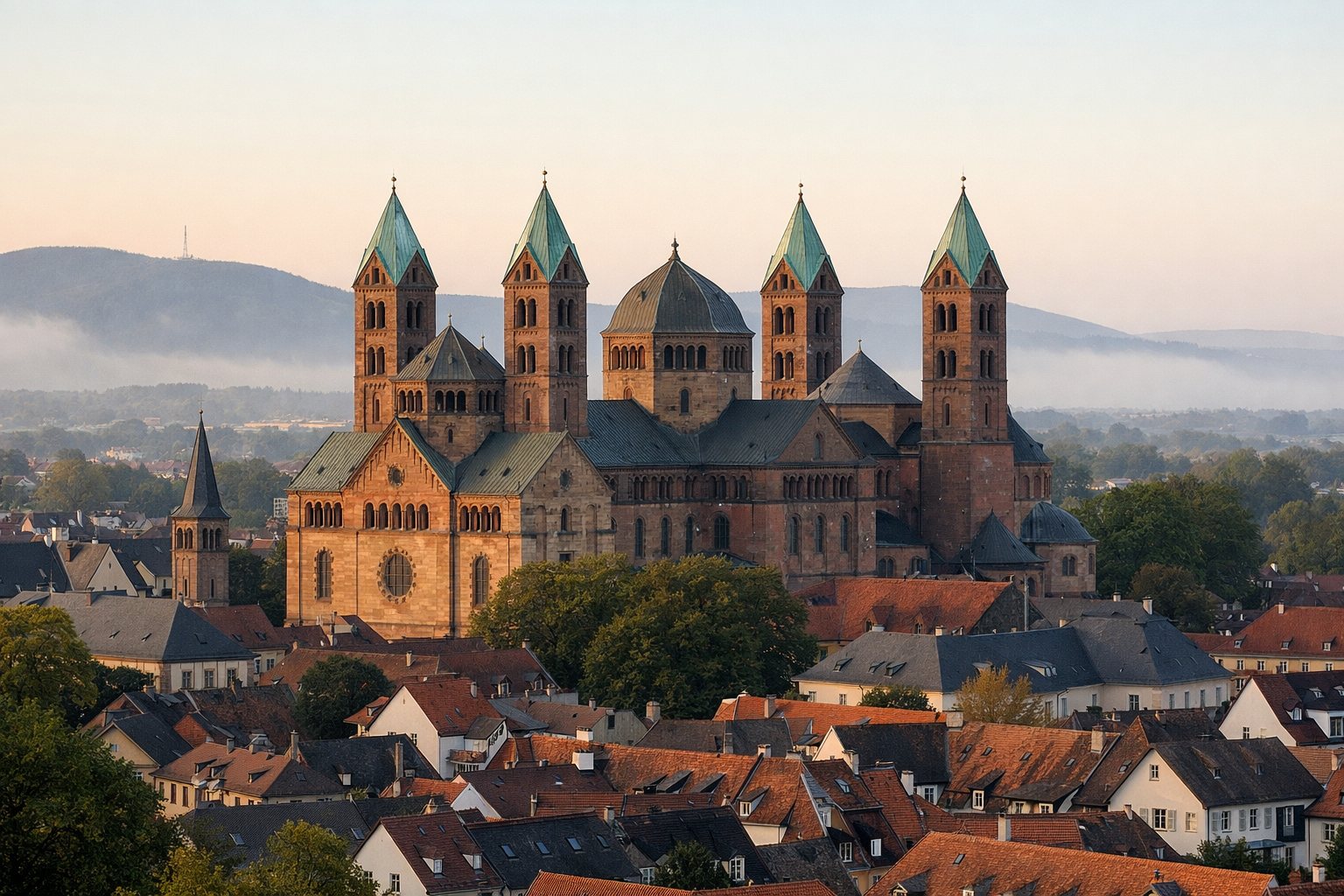 Romanischer Dom mit vier Türmen über der Stadt im Morgenlicht