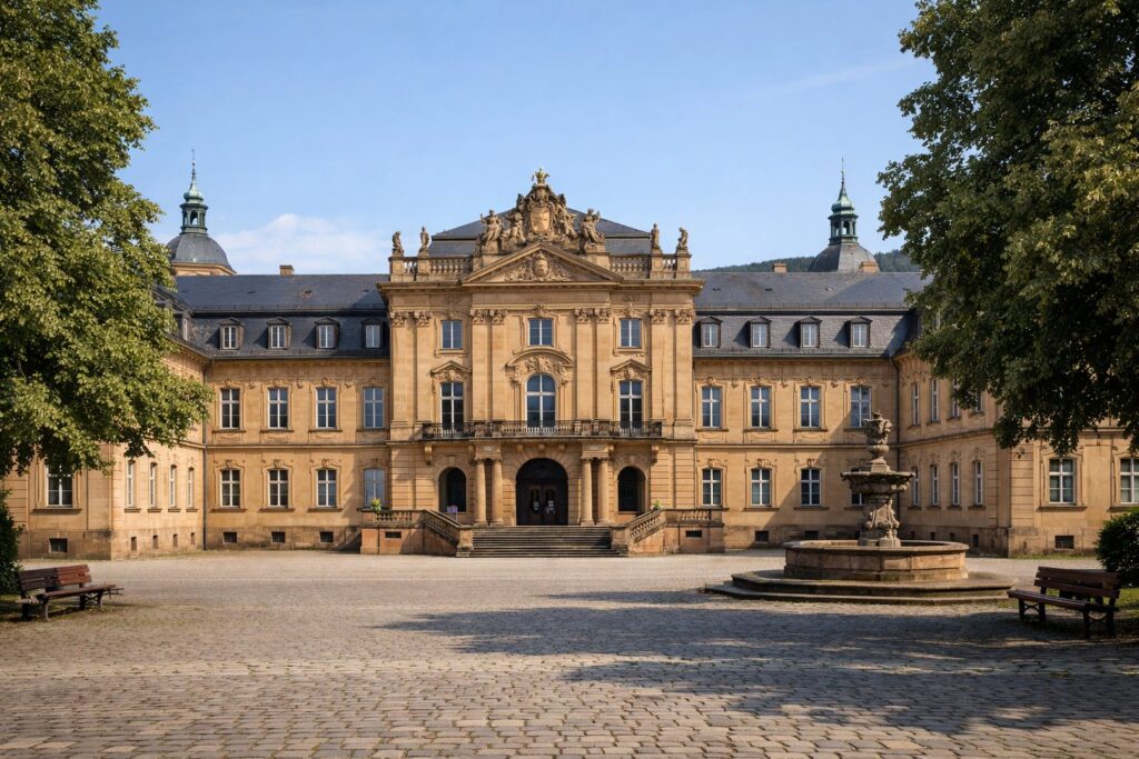 Barocke Schlossfassade aus hellem Sandstein an einem Platz mit Bäumen