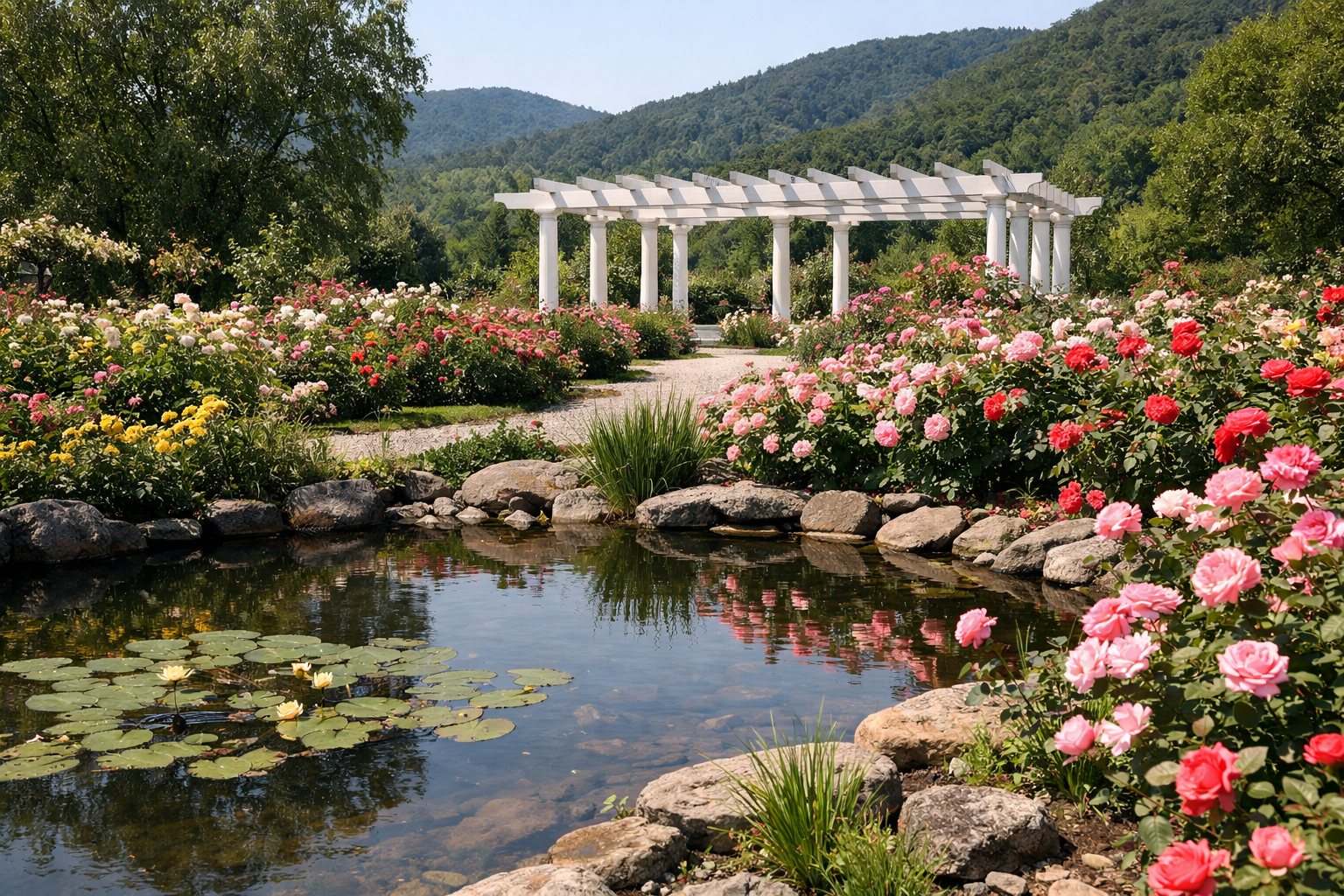Rosengarten mit Teich und weißer Pergola, blühende Rosenbeete im Sommer